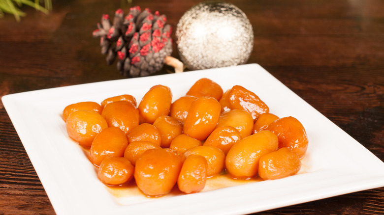 A plateful of Danish brunede kartofler, sweet buttery potatoes
