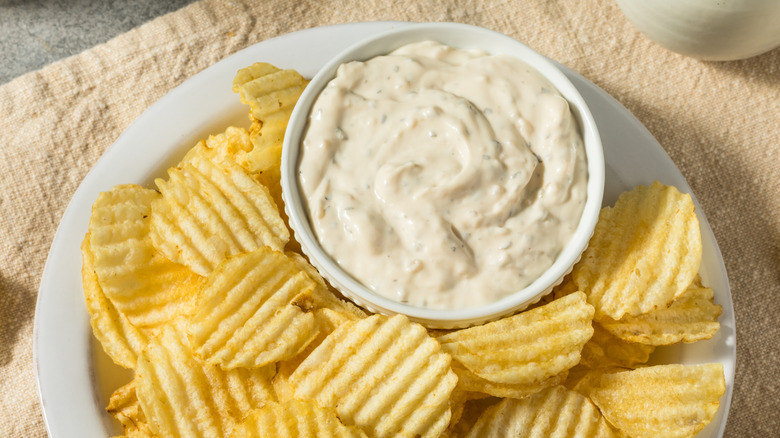 Crinkle-cut potato chips and French onion dip