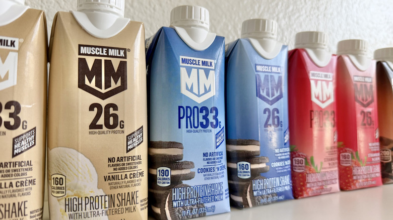 Close up of Muscle Milk flavors on a table