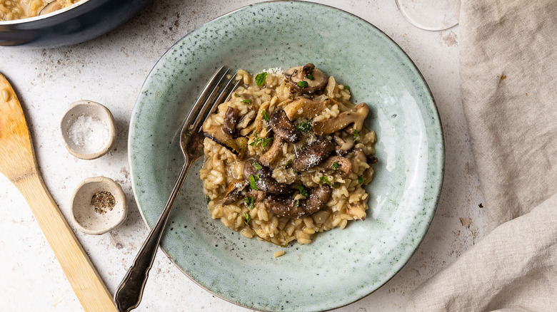 mushroom and roasted garlic risotto on a plate