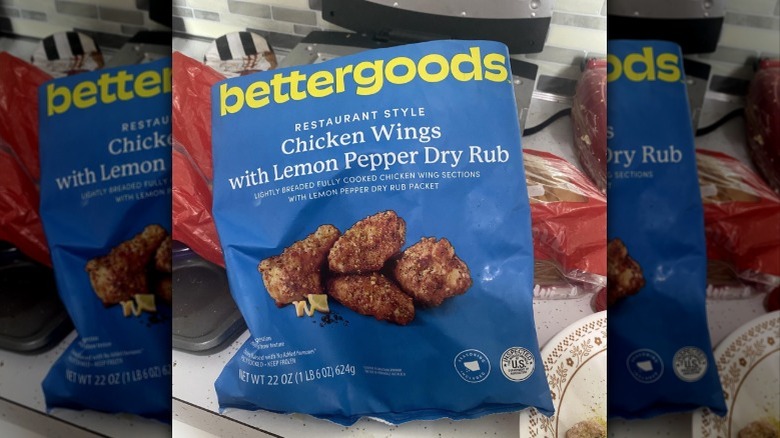 A closeup of the Bettergoods chicken wing packaging in a kitchen