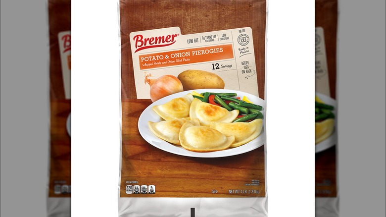 Brown packaging displaying potato & onion pierogies