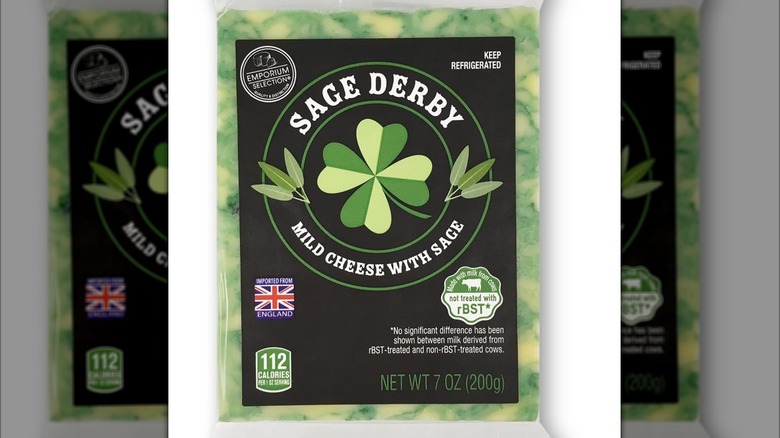 Package of green cheese with sage, displaying a four leaf clover