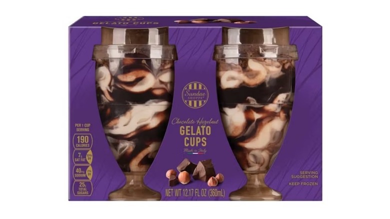 Two chocolate hazelnut gelato cups in a purple package
