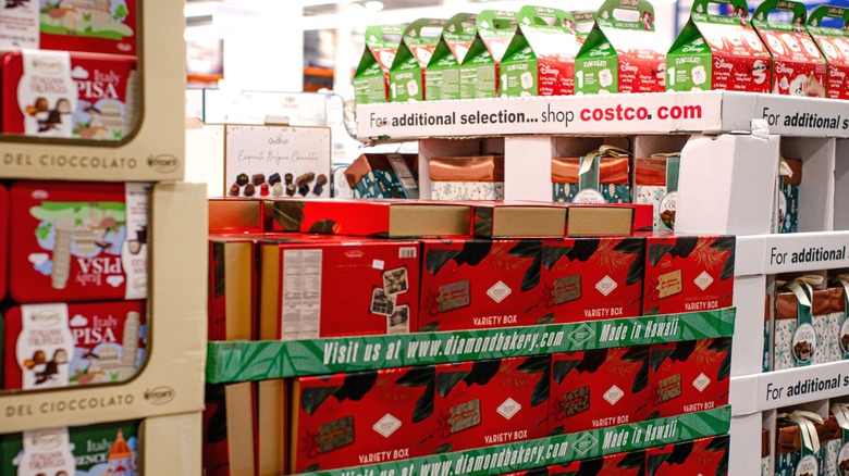 Holiday-themed chocolates and snacks displayed inside Costco store