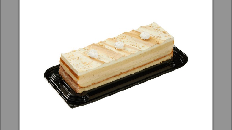 Kirkland Signature Vanilla Crème Brûlée Bar Cake sitting on black plastic tray