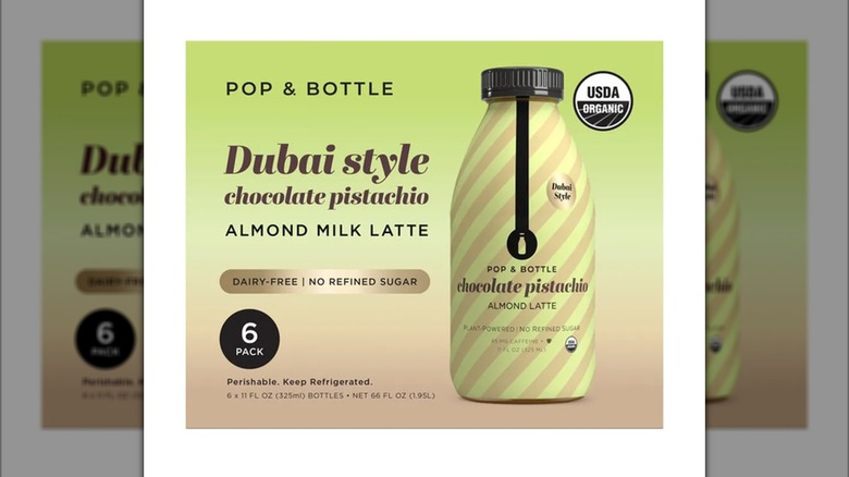 Front of box for Pop & Bottle Dubai Style Chocolate Pistachio Almond Milk Lattes