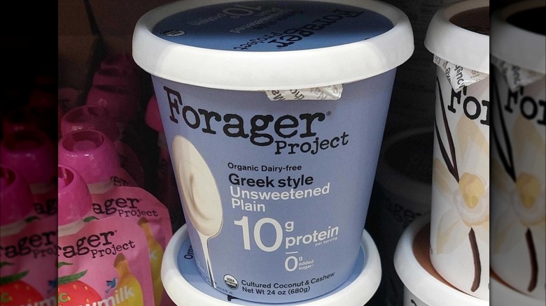 container of Forager Greek style yogurt in store fridge