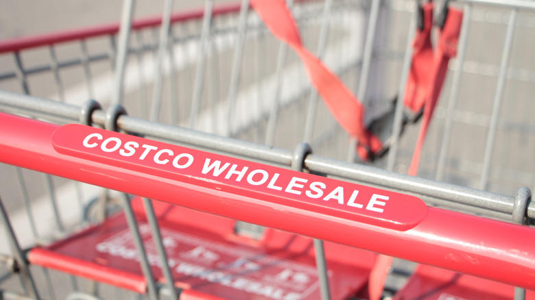 close up of empty shopping cart with "Costco Wholesale" on handle