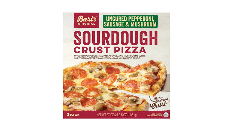 Cardboard box of Bari's Sourdough Pepperoni Sausage & Mushroom Pizza