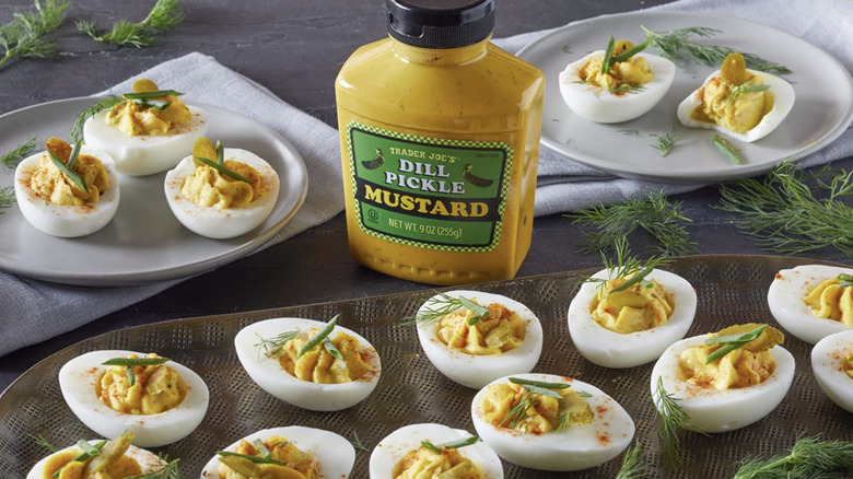 Trader Joe's dill pickle mustard with deviled eggs