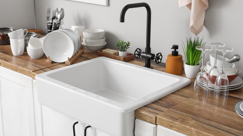 Stylish yet cluttered modern kitchen sink area
