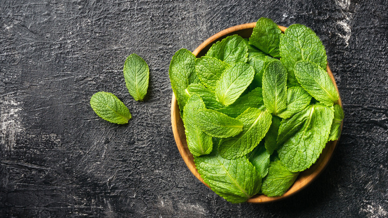 Bowl of mint leaves