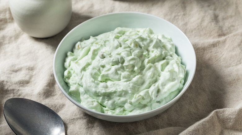 Green Watergate salad in white bowl