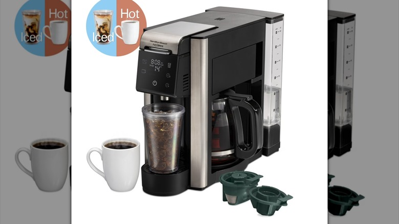 Product image of a Hamilton coffee maker with hot, iced, and drip coffee.