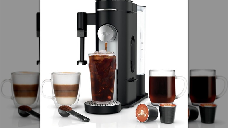 Ninja coffee maker displayed with different types of coffee.