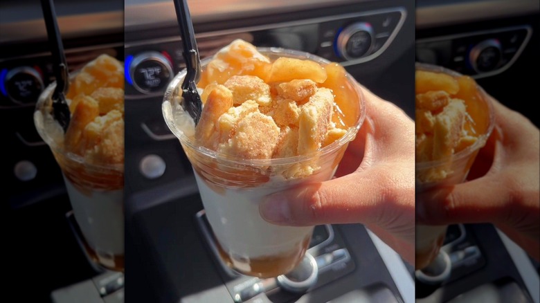 Hand holding Costco Apple Pie Sundae with pie crust pieces and apples on top.