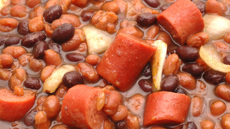 New England franks and beans are shown up close.