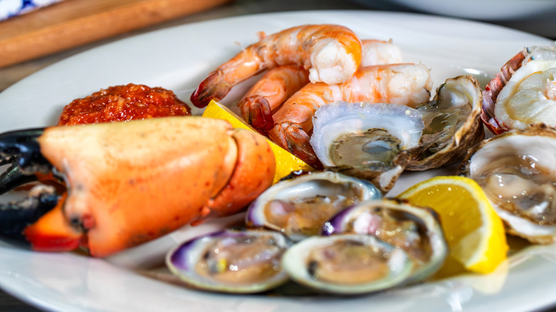 Seafood on white plate including lobster, shrimp, mussels, and oysters with lemon wedge