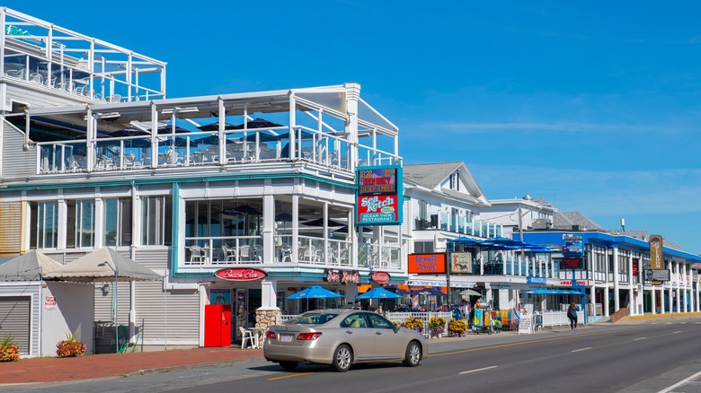 Street on Hampton Beach, New Hampshire featuring Sea Ketch Restaurant and other stores and businesses