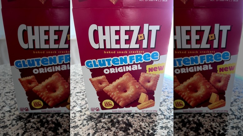 Box of gluten-free Cheez-Its on a kitchen countertop