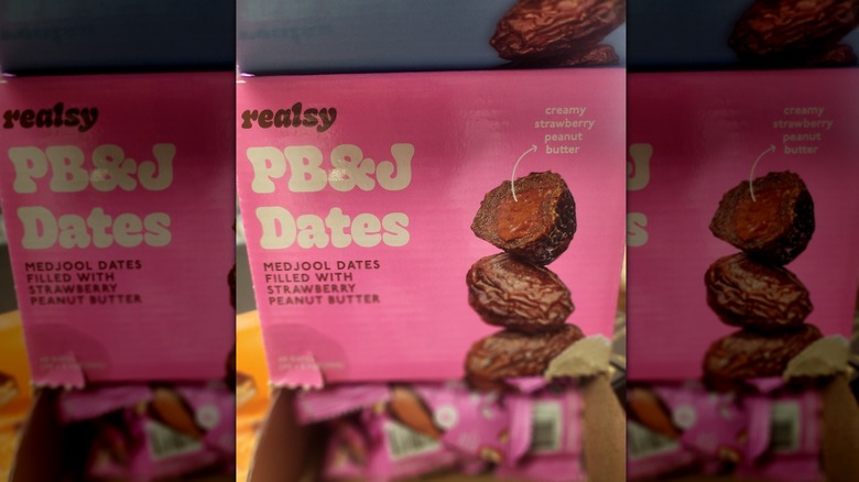 Close-up on a pink box of Realsy PB&J Dates