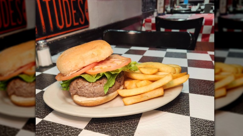 Hamburger and fries on plate on table