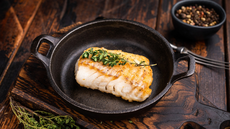 White fish filet in a skillet