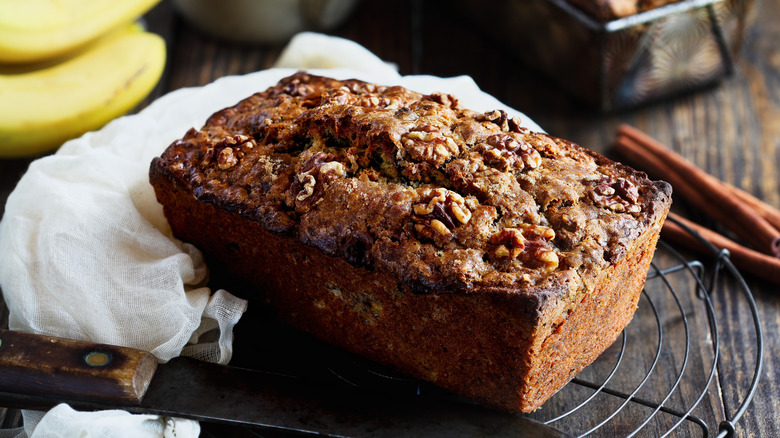 homemade banana bread on rack