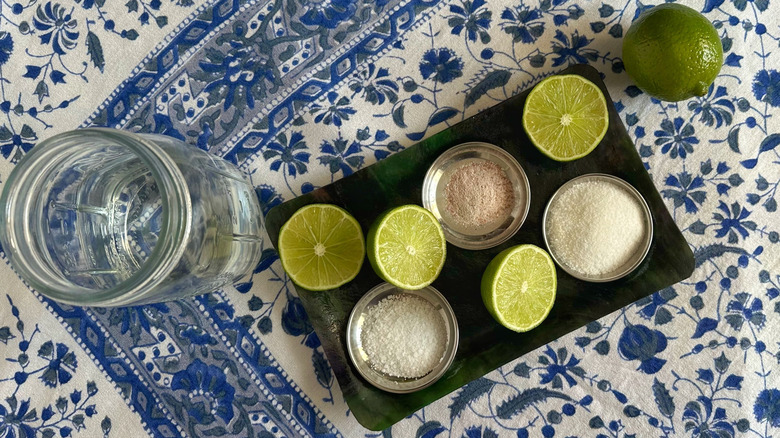 Nimbu pani ingredients on blue and white tablecloth