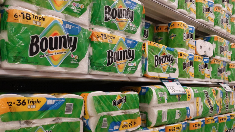 Different size packages of Bounty paper towels on a Shelf