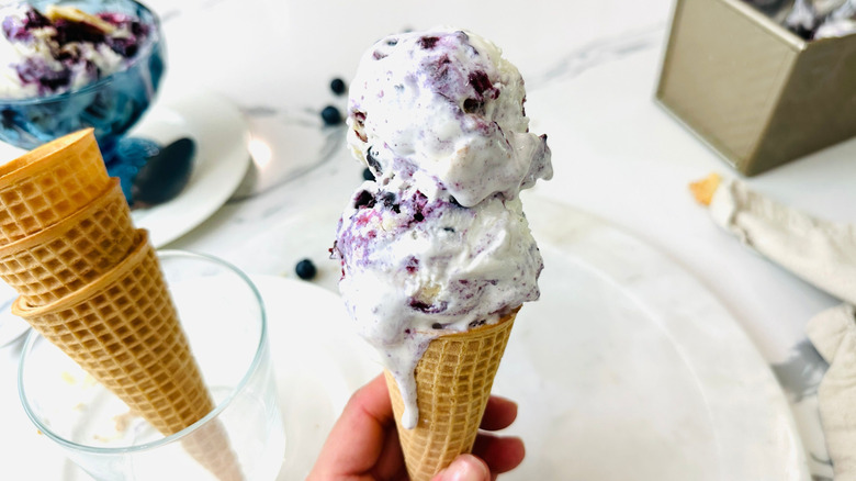Hand holding ice cream cone with two scoops of blueberry pie ice cream