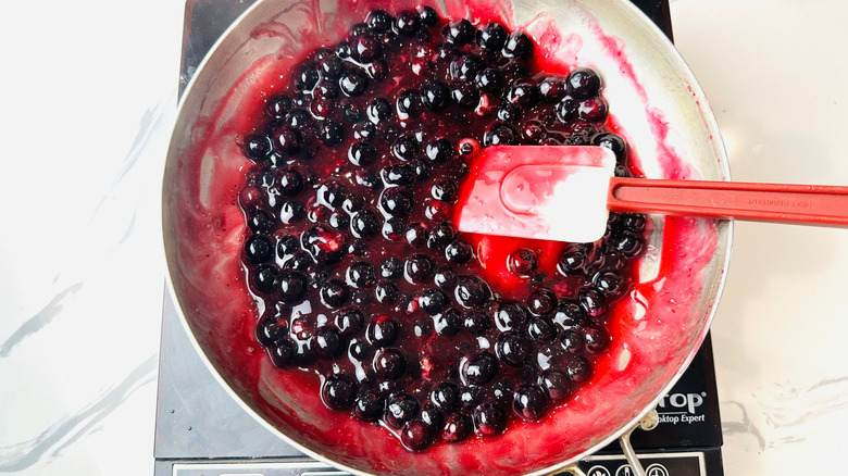 Blueberry pie filling in pan