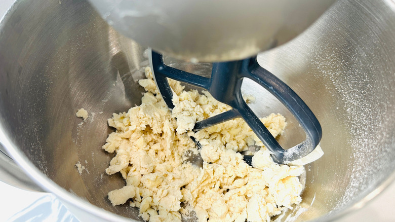 Shaggy pie crust dough in stand mixer bowl