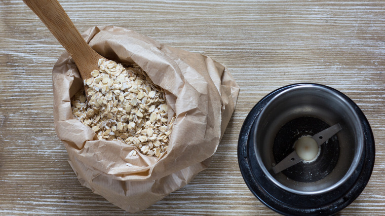 Bag of oats next to coffee grinder