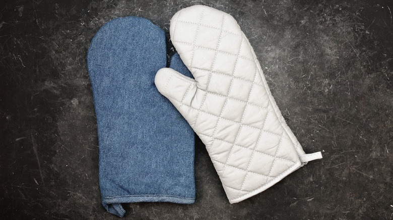 White and blue mitts