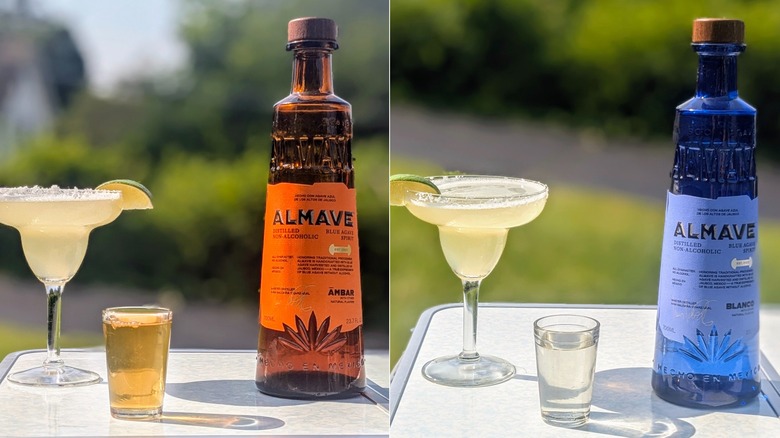 Split image of two Almave tequila bottles with full shot glasses and margaritas on white tables outside
