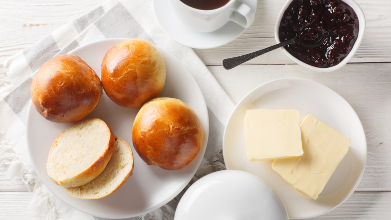 a simples Norwegian breakfast of bread, butter, jam and coffee