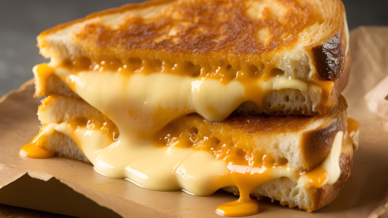 Closeup shot of a grilled cheese sandwich with light melted cheese