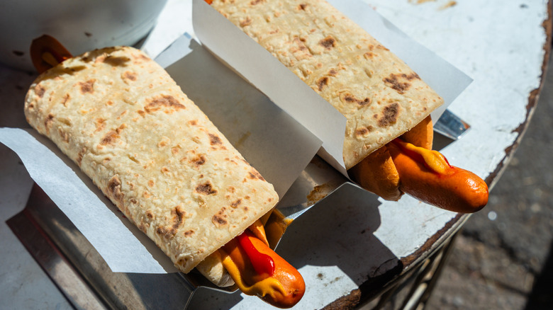 Norwegian-style hot dogs in lompe
