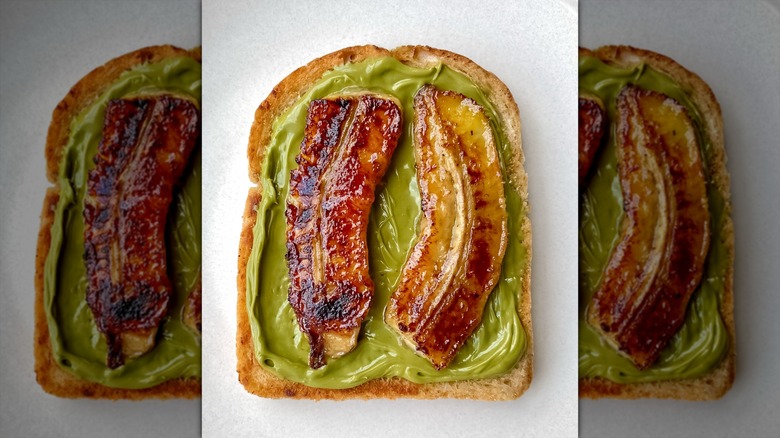 A slice of matcha butter toast with caramelized banana