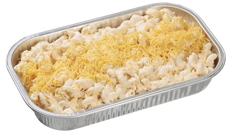 an uncooked tray of Kirkland mac and cheese