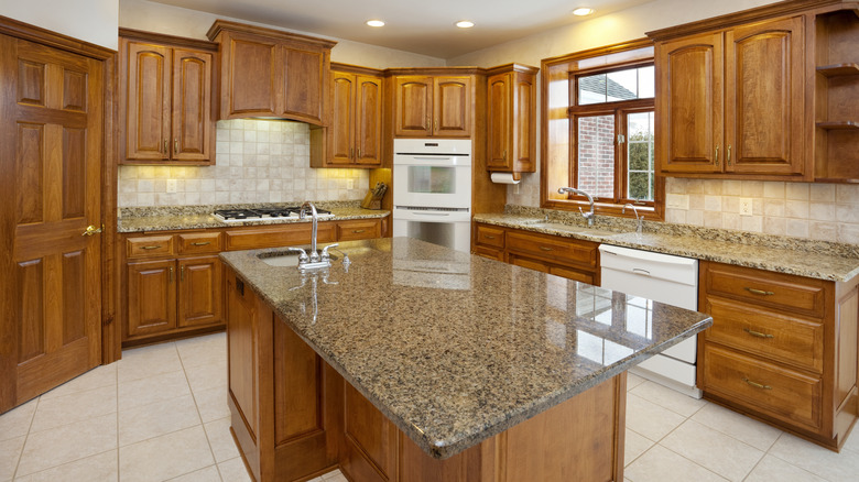 View of kitchen with oak cabinets