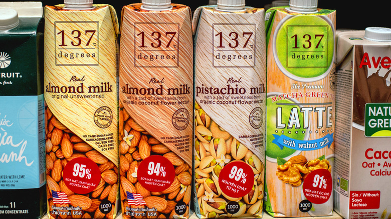Almond and pistachio milk in a grocery store