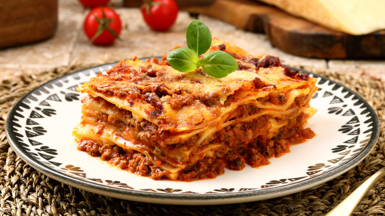 Lasagna on plate at restaurant