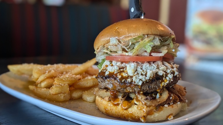 Tall burger with bleu cheese and seaoned steak fries on the side on white plate