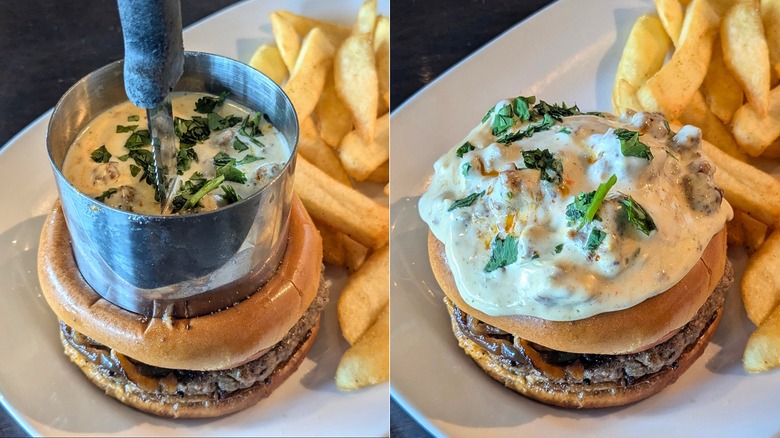 Split image of burger with cup of cheese sauce on top and burger covered in cheese sauce
