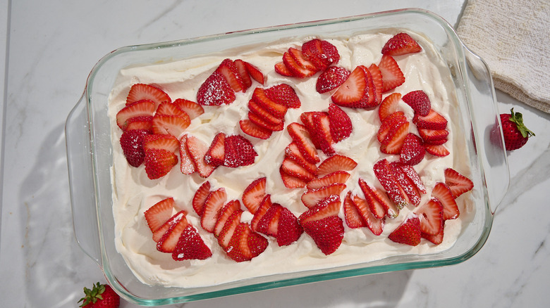 heaven on earth cake in a casserole dish