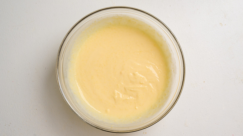 pudding and milk combined in a bowl