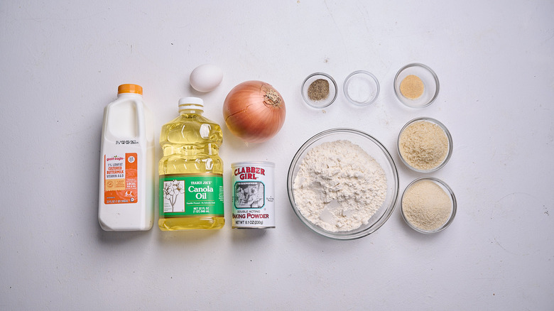 Onion rings ingredients on a table